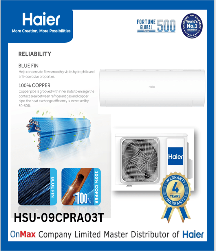 Haier Split Type Non-inverter, R32 gas 1.0hp (HSU-09CPRA03T)