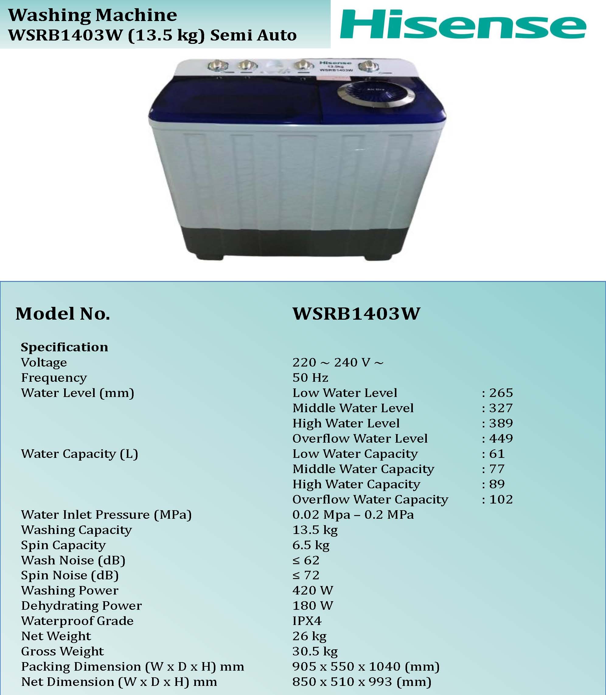 Hisense WSRB1403W Semi Auto(Twin Tube) Washing Machine (13.5 Kg)